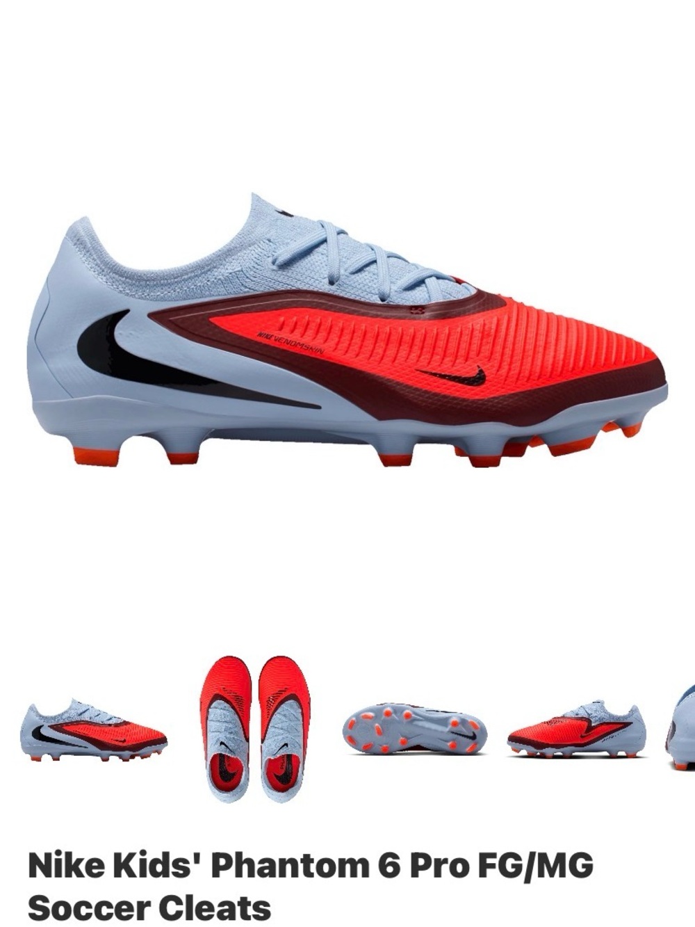 Nike Kids Soccer Cleats Fantom 6 low Pro Fg/Mg Royal Tint Bright Crimson
